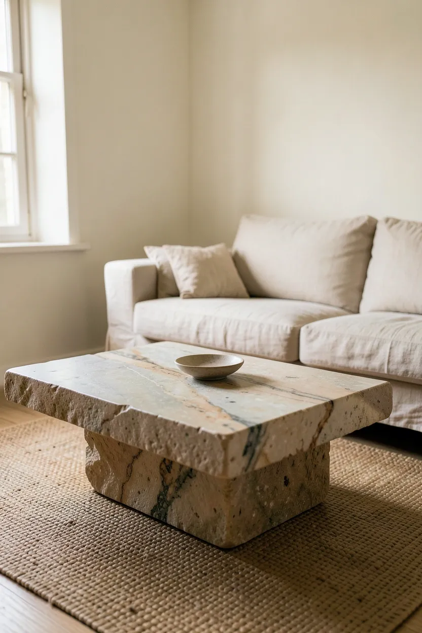Open wood shelves with curated books, a ceramic piece, and a woven object showing plenty of negative space in a modern boho living room