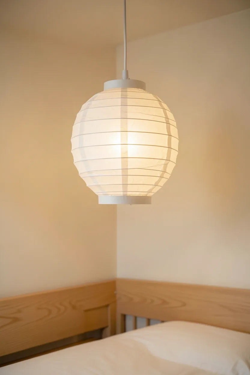 Japanese rice paper lantern pendant light casting warm glow above a platform bed in a serene japandi bedroom
