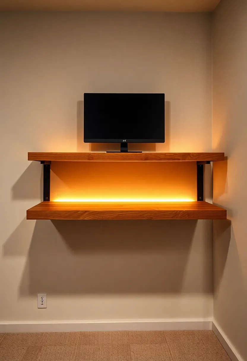 Floating wall-mounted shelf desk in a basement with LED strip lighting under the shelf surface