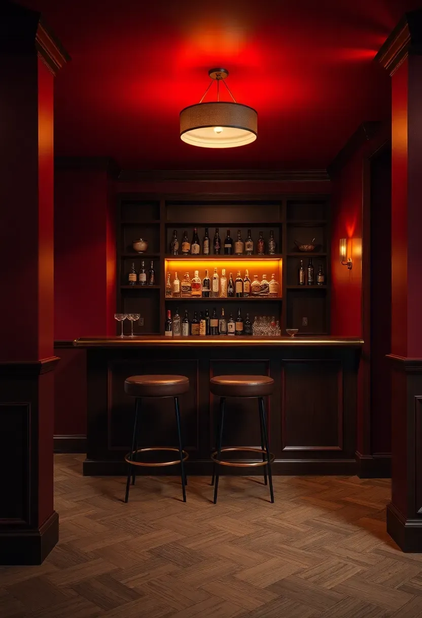 dramatic basement bar area painted in rich burgundy with dark wood accents