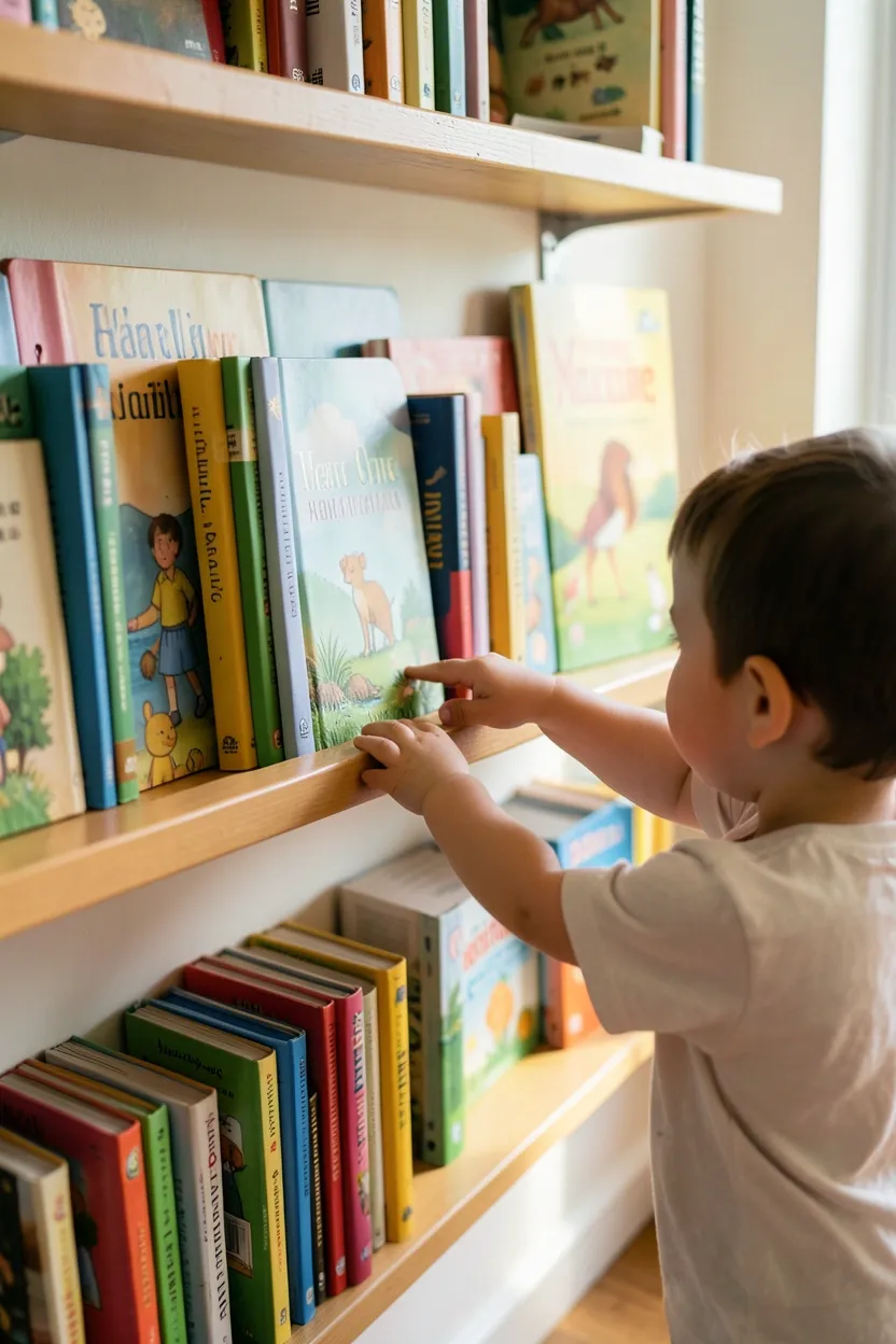 Low wall-mounted forward-facing bookshelves at toddler height in a tiny house with colorful children's board books displayed cover-out, soft reading rug below