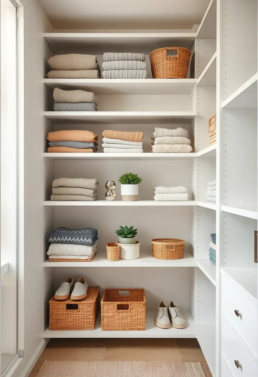Organized open shelving wall unit with baskets, folded clothes, and plants replacing a traditional closet door