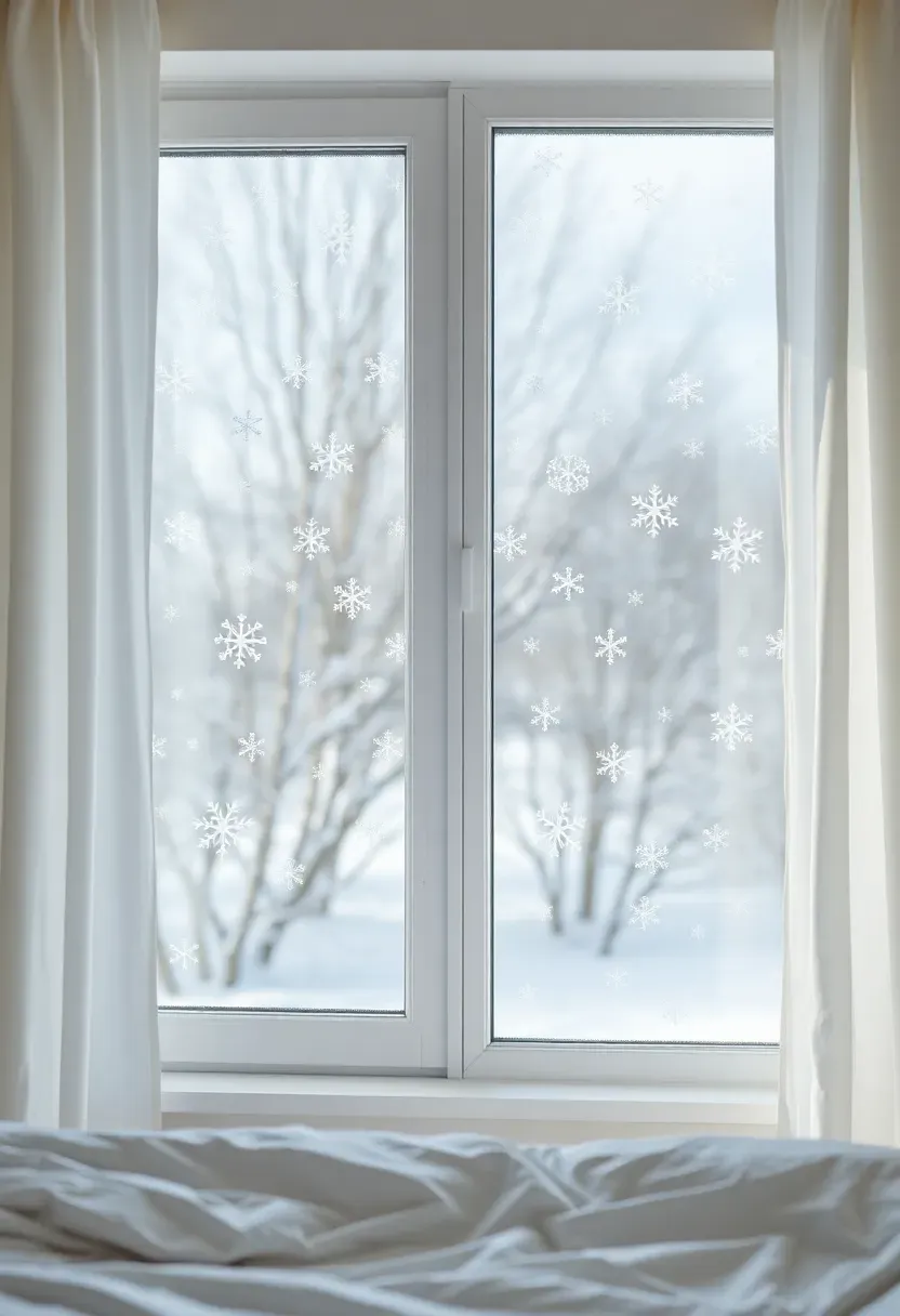 Hyper-realistic 3/4 view of bedroom window with scattered white snowflake window clings in varied sizes. Snowflakes positioned organically across glass, creating silhouettes against winter sky beyond. White curtains, white walls, cream bedding visible in foreground. Materials: window clings, glass, curtains. Natural daylight through window, snowflake silhouettes visible. Subtle Christmas window decoration. Shallow depth of field, sharp details on window and room. No text, no logos, no watermarks.</p>