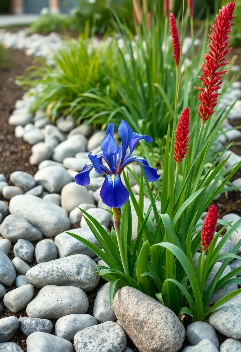 Rain garden with smooth river rocks lining a natural swale, native sedges, blue flag iris, and cardinal flower creating a functional and beautiful drainage feature
