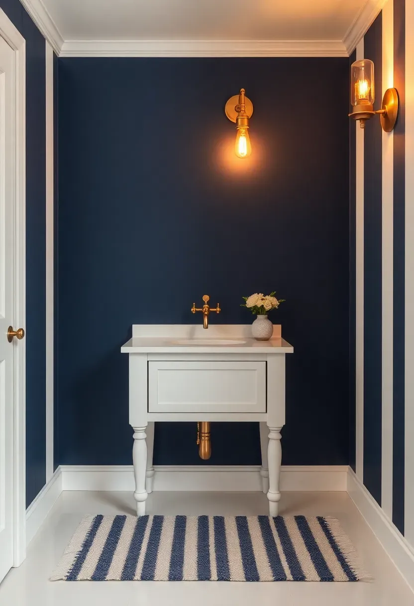 Playful coastal bathroom with wide vertical navy and white stripes painted on the wall behind a white console sink, brass ship lantern sconce, and a striped bath mat