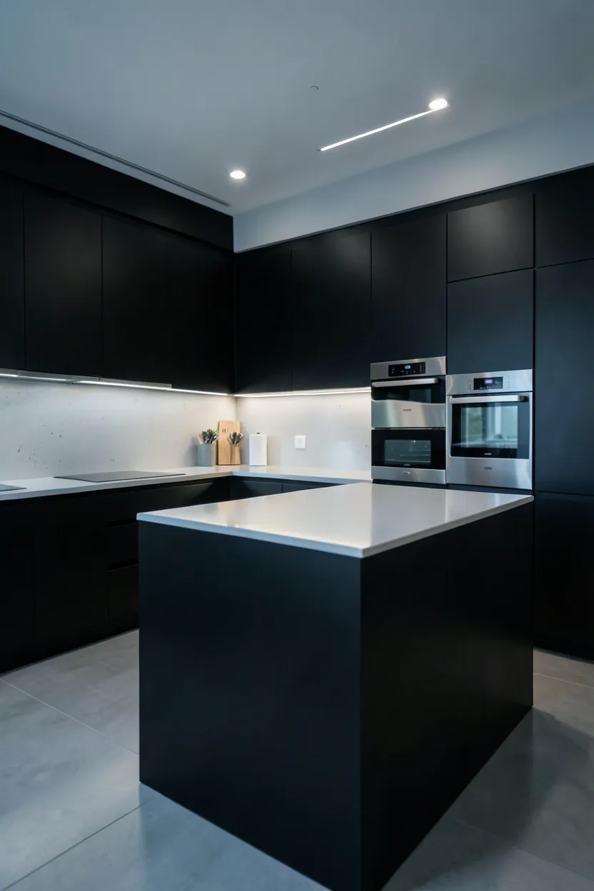 Hyper-realistic eye-level photograph of a contemporary moody kitchen with matte black cabinets, integrated appliances, minimalist island, linear lighting. Cool ambient lighting creating sleek modern atmosphere. Materials: matte black, integrated stainless steel, Caesarstone countertops. Contemporary mood. Shallow depth of field, sharp details on cabinet edges. No text, no logos, no watermarks.</p>