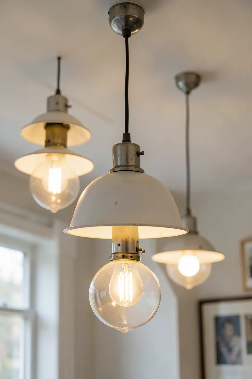 Sputnik-style retro pendant light with warm LED bulbs over a kitchen island — vintage lighting with modern energy efficiency