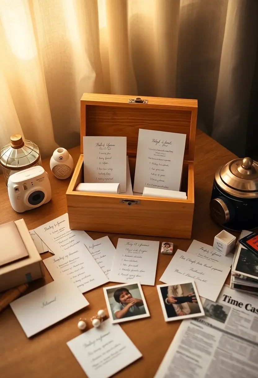 time capsule baby shower keepsake station with sealed box letters and memorabilia