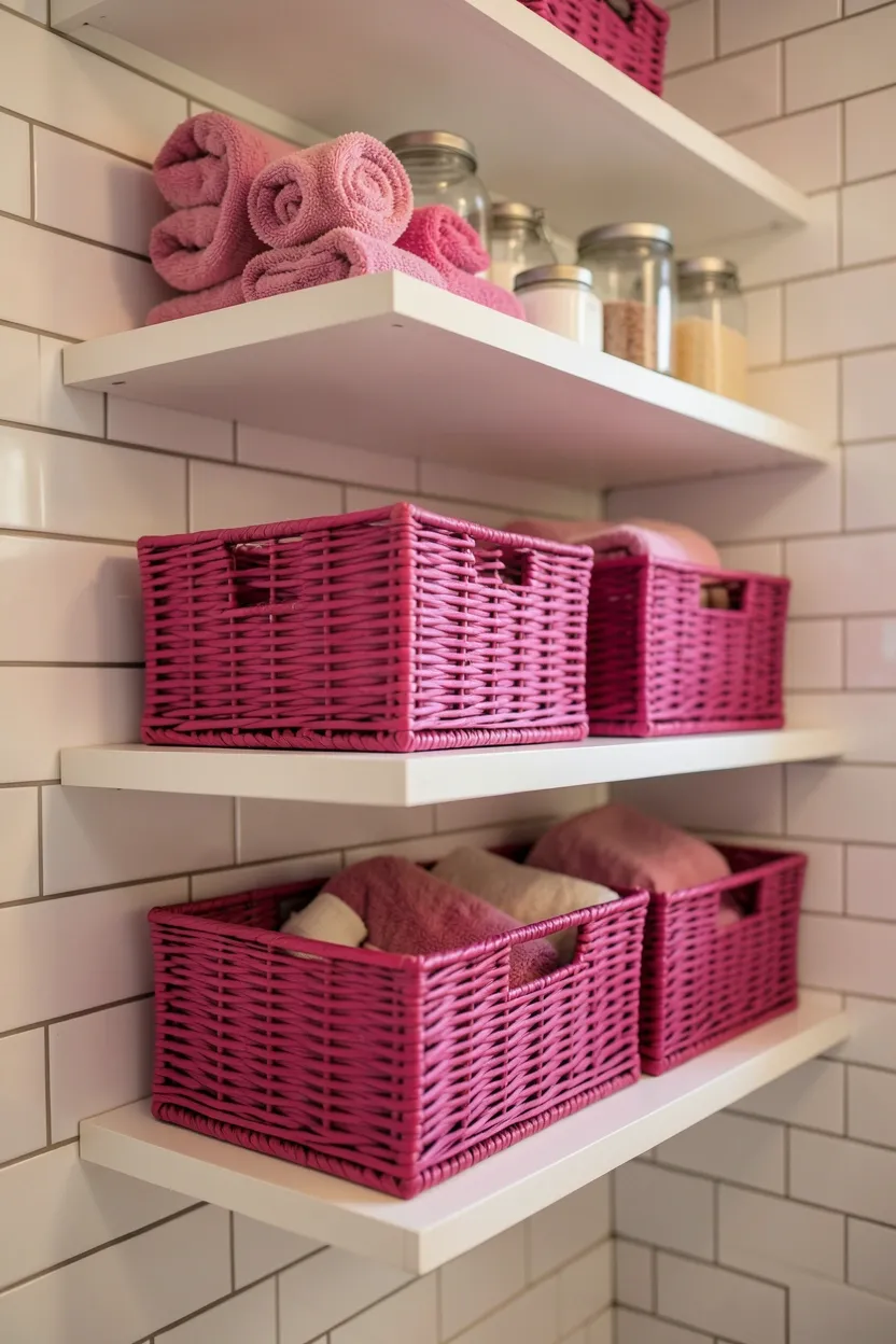 Fuchsia woven seagrass storage baskets on white floating shelves in a small bathroom holding toiletries and rolled towels