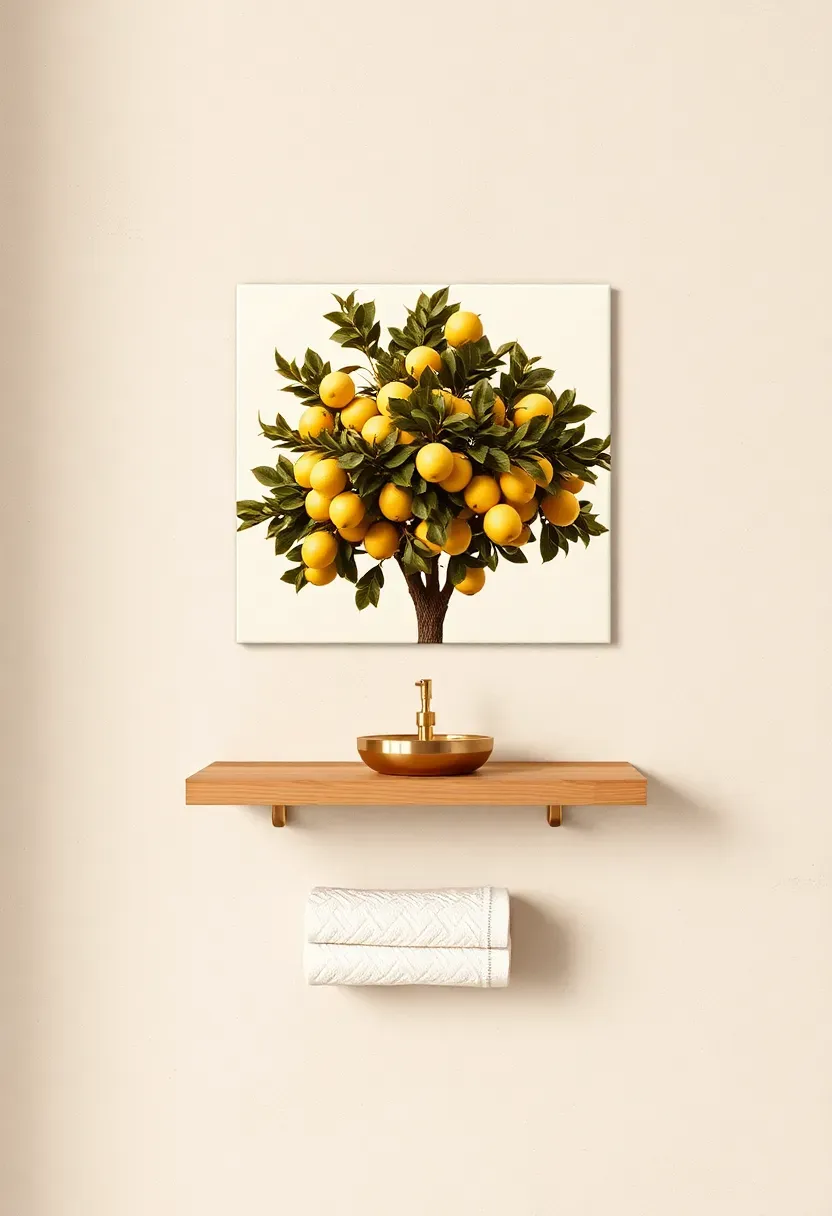 Square ceramic tile printed with a sepia toned photograph of a lemon tree mounted directly on the bathroom wall like an inset art tile