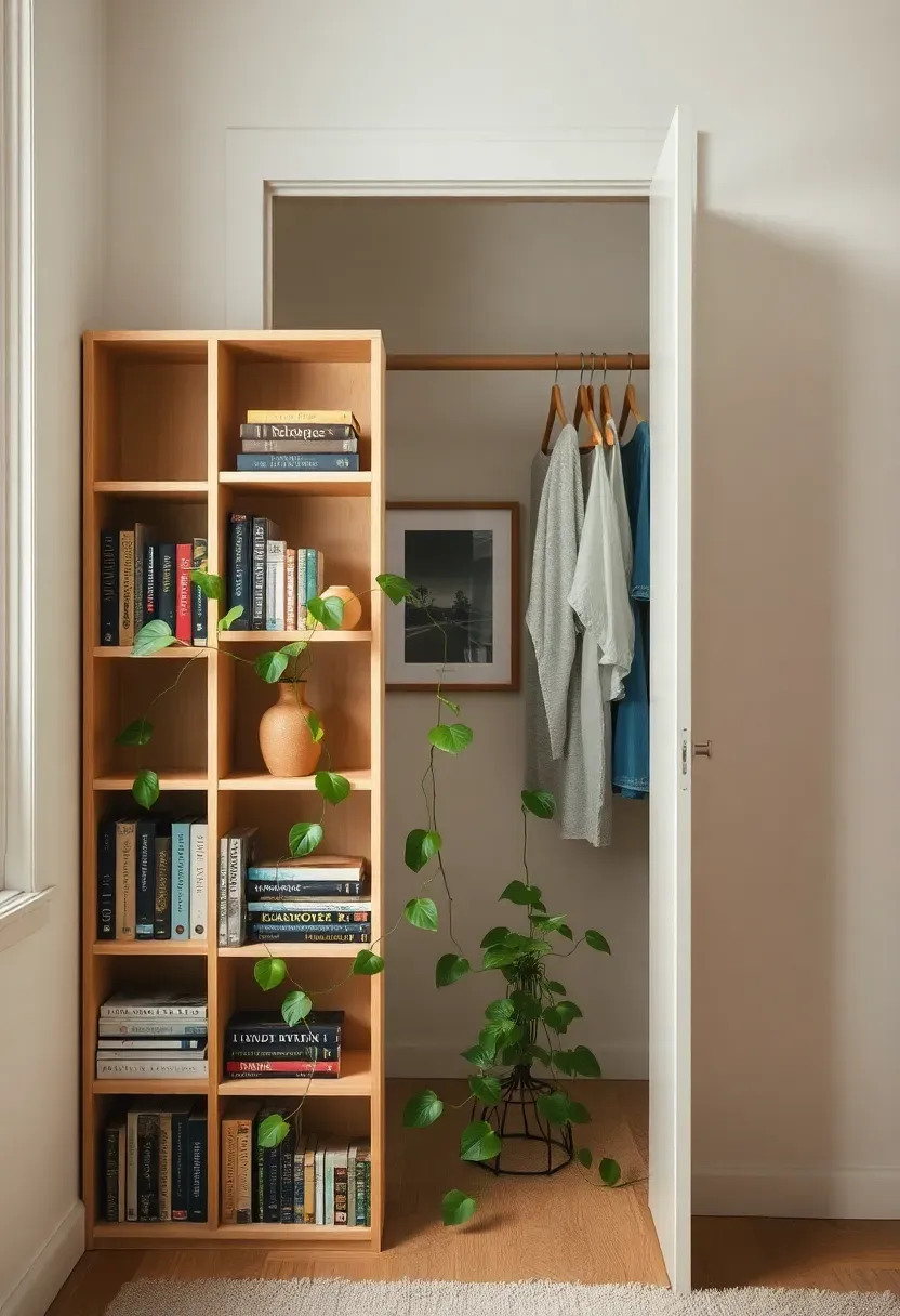 Tall bookshelf used as a room divider and closet screen with books, plants, and decorative objects