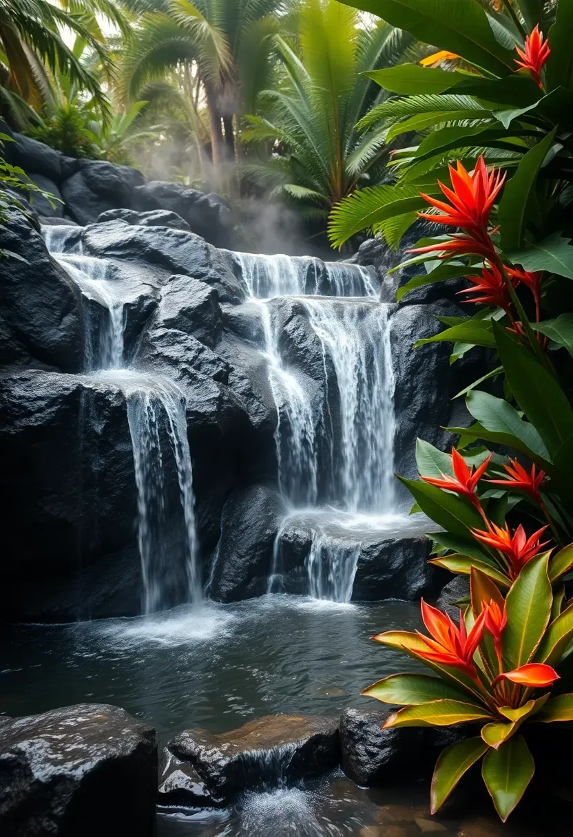 Tropical backyard waterfall with black lava rock boulders, water sheeting into a plunge pool edged with bird of paradise and elephant ears