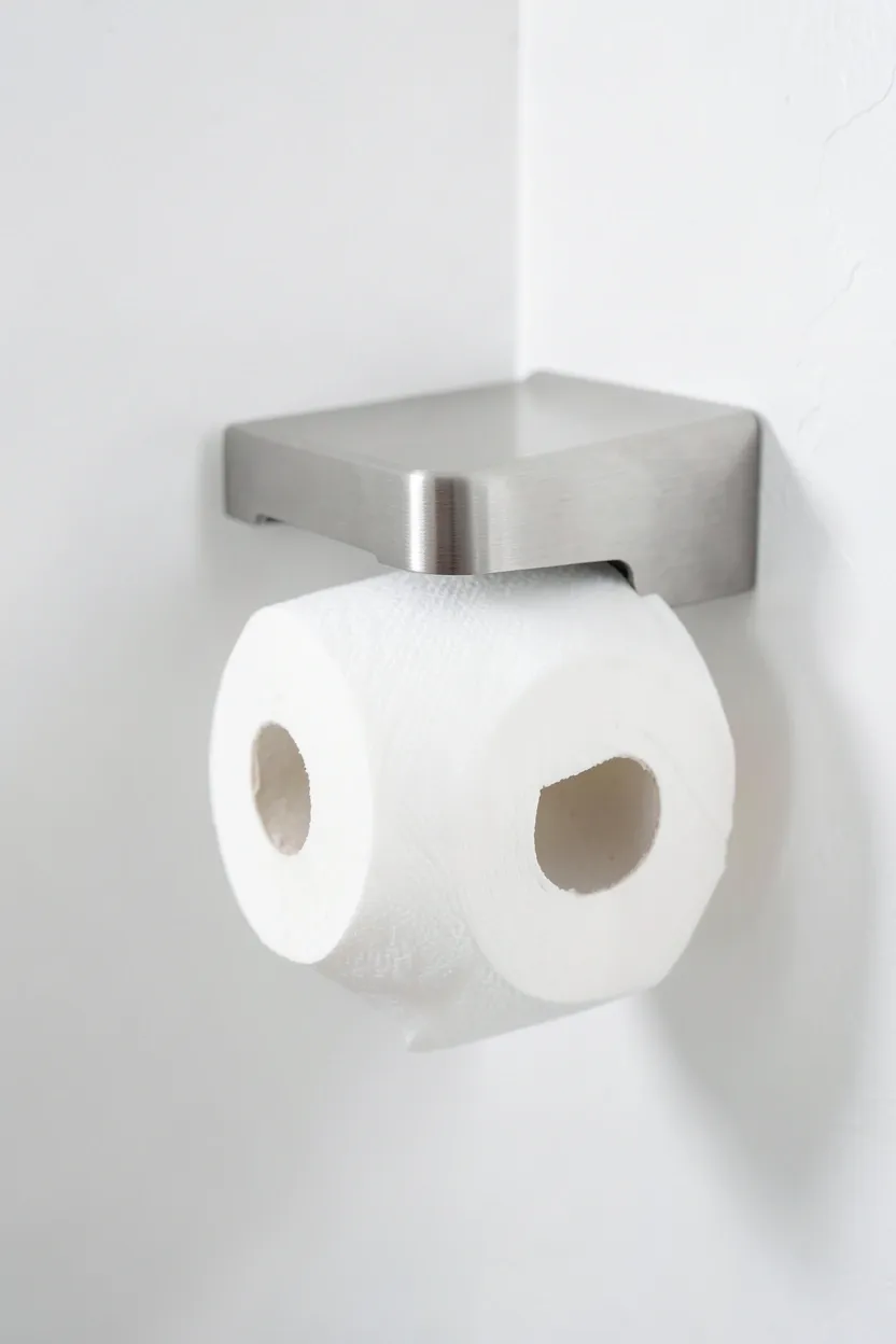 Freestanding matte black toilet paper holder beside a white toilet in a rental bathroom — no-drill renter-friendly fixture update