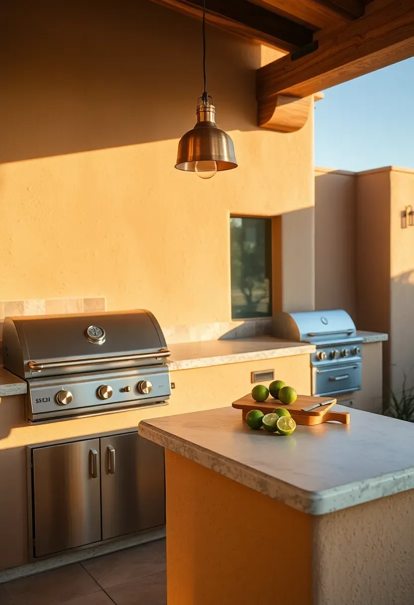 Southwest-style outdoor kitchen with stucco base, built-in grill, concrete countertop, Saltillo tile backsplash, and pendant lights under a ramada roof