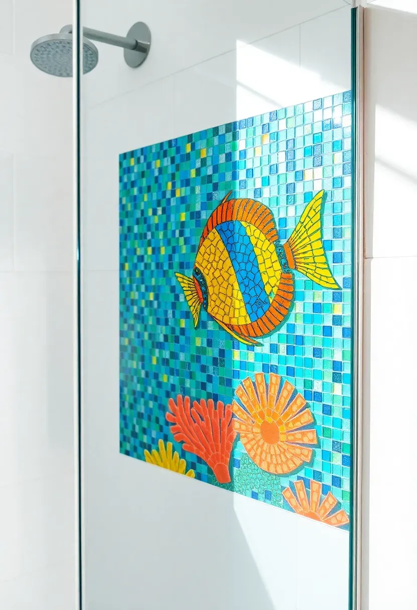 Colorful glass mosaic picture of tropical fish and coral assembled from small glass tiles on a bathroom wall near a shower