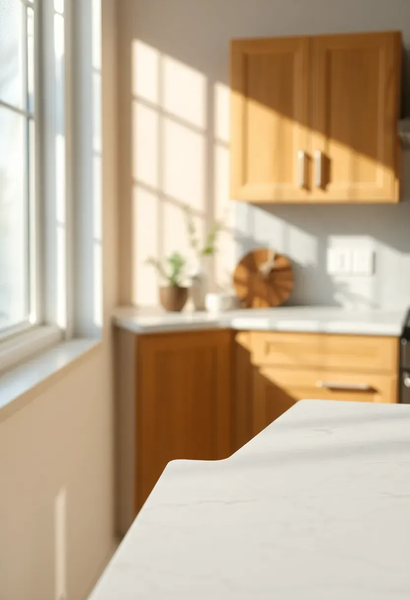 white ceramic bullnose tile finishing the edge of a kitchen backsplash with marble countertops and warm wood cabinets