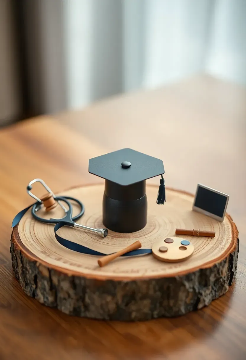 Creative graduation centerpiece with miniature career props like a stethoscope, gavel, and laptop around a grad cap