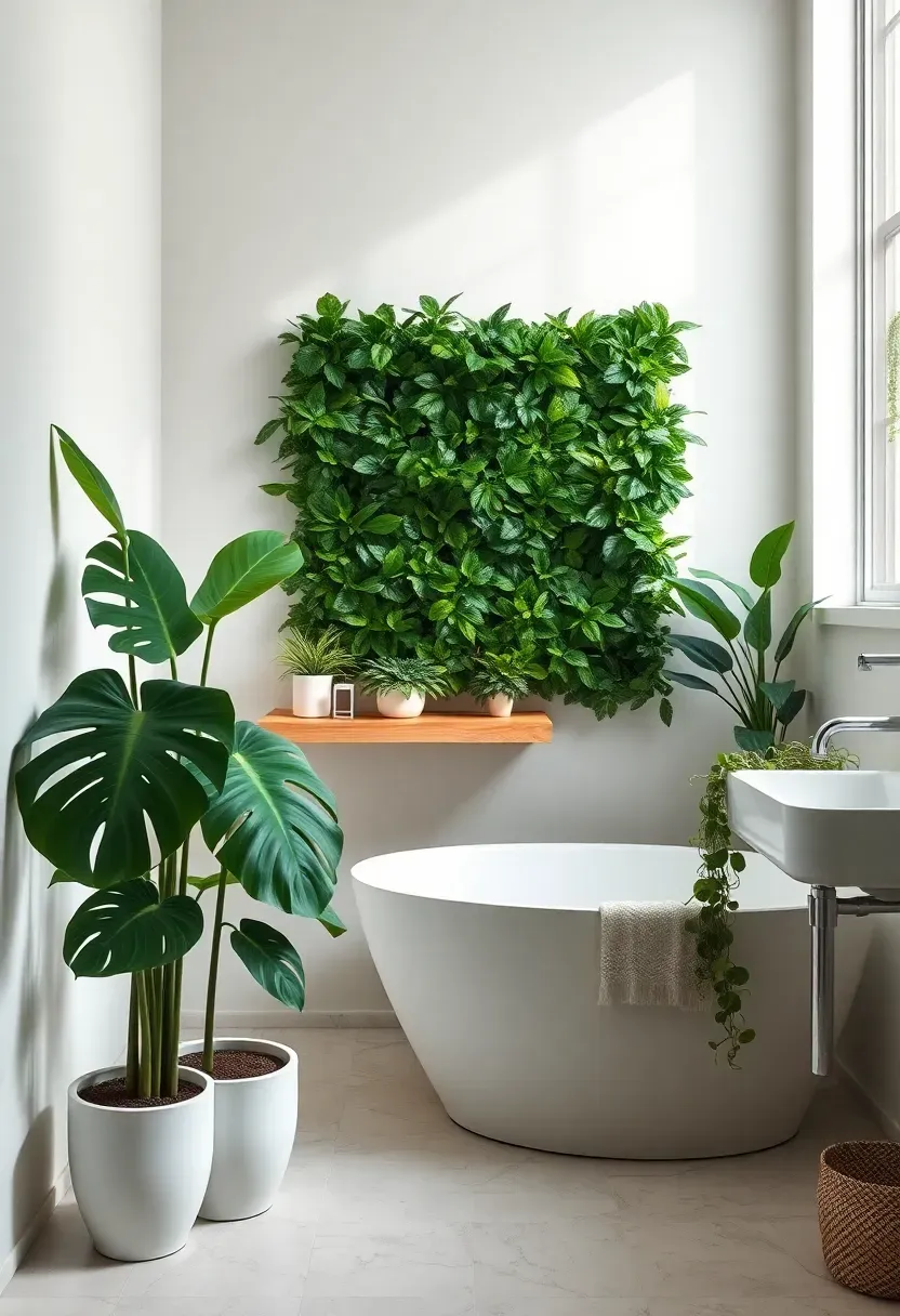 bathroom living plant wall corner with tropical greenery and natural light