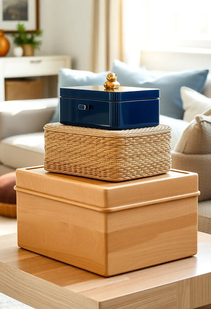 Two stacked decorative storage boxes on a side table with a small brass object on top