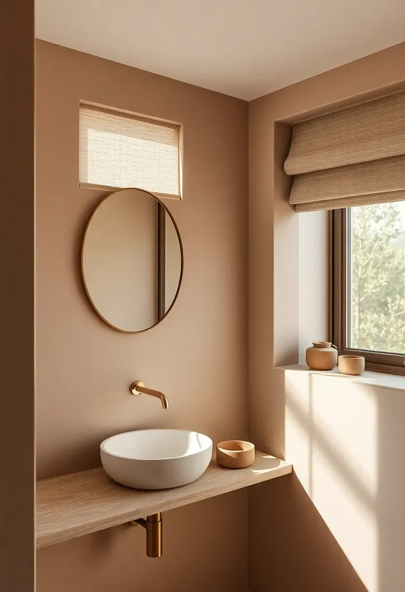 Bathroom in soft mushroom and taupe tones with plaster walls and stone countertop