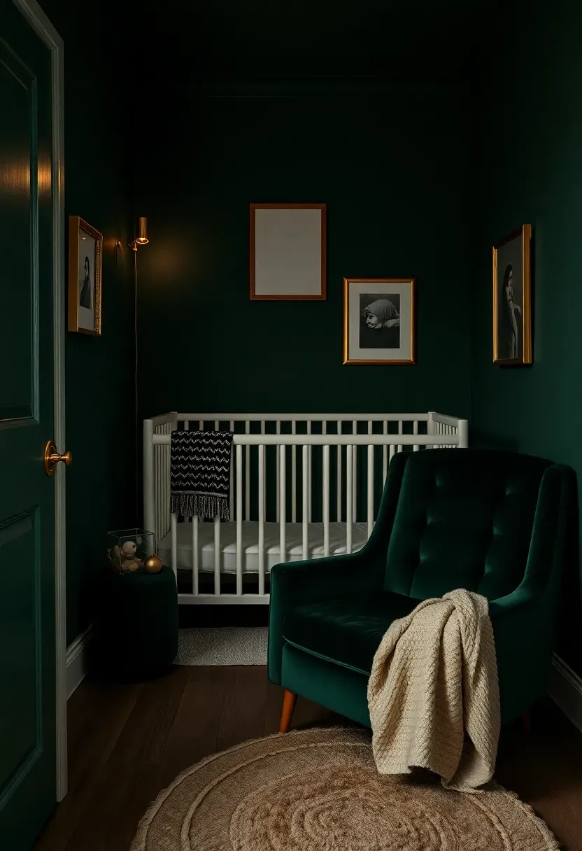 dark moody nursery with deep forest green walls brass accents and velvet armchair