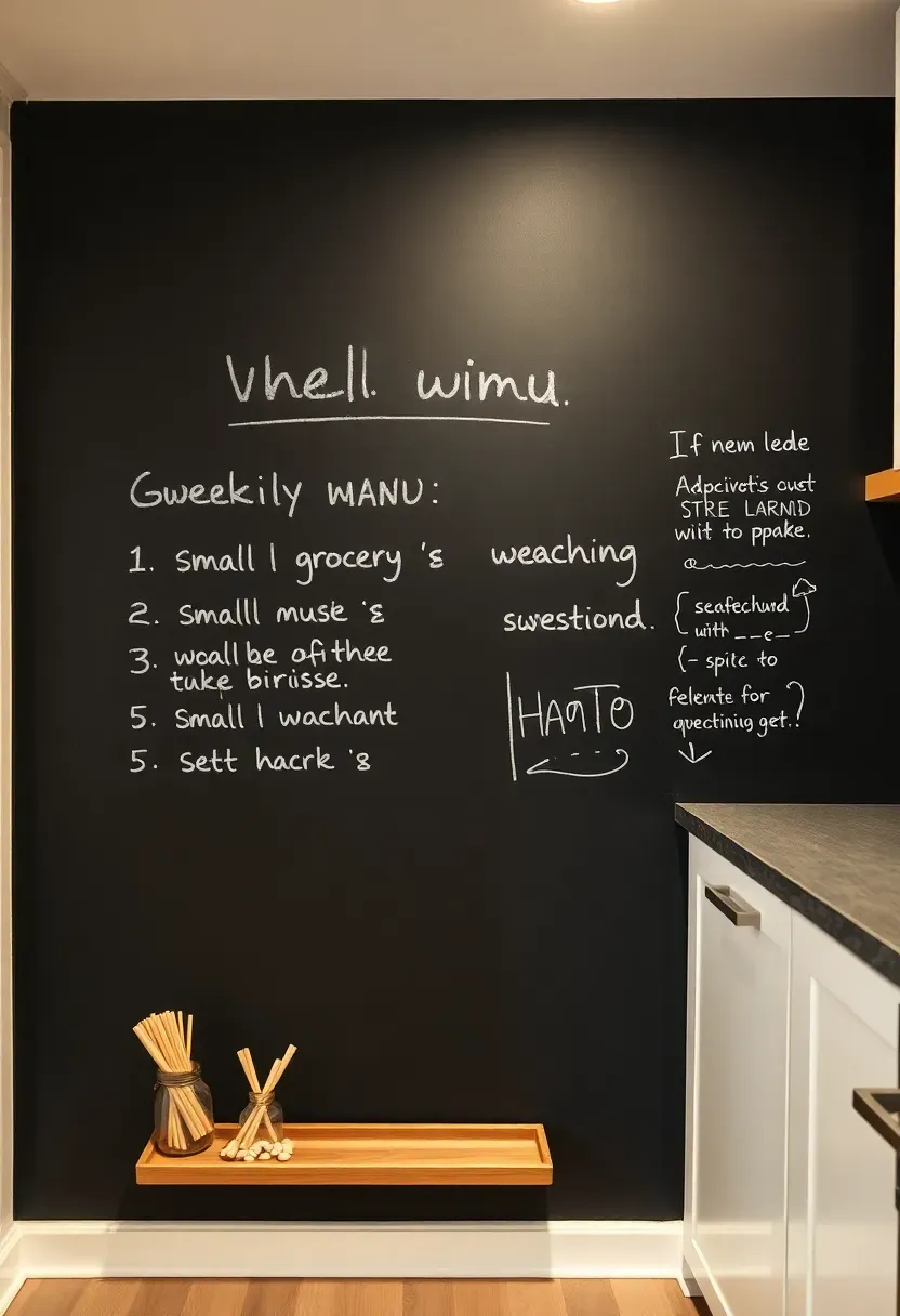 small apartment kitchen wall painted with chalkboard paint featuring handwritten menu