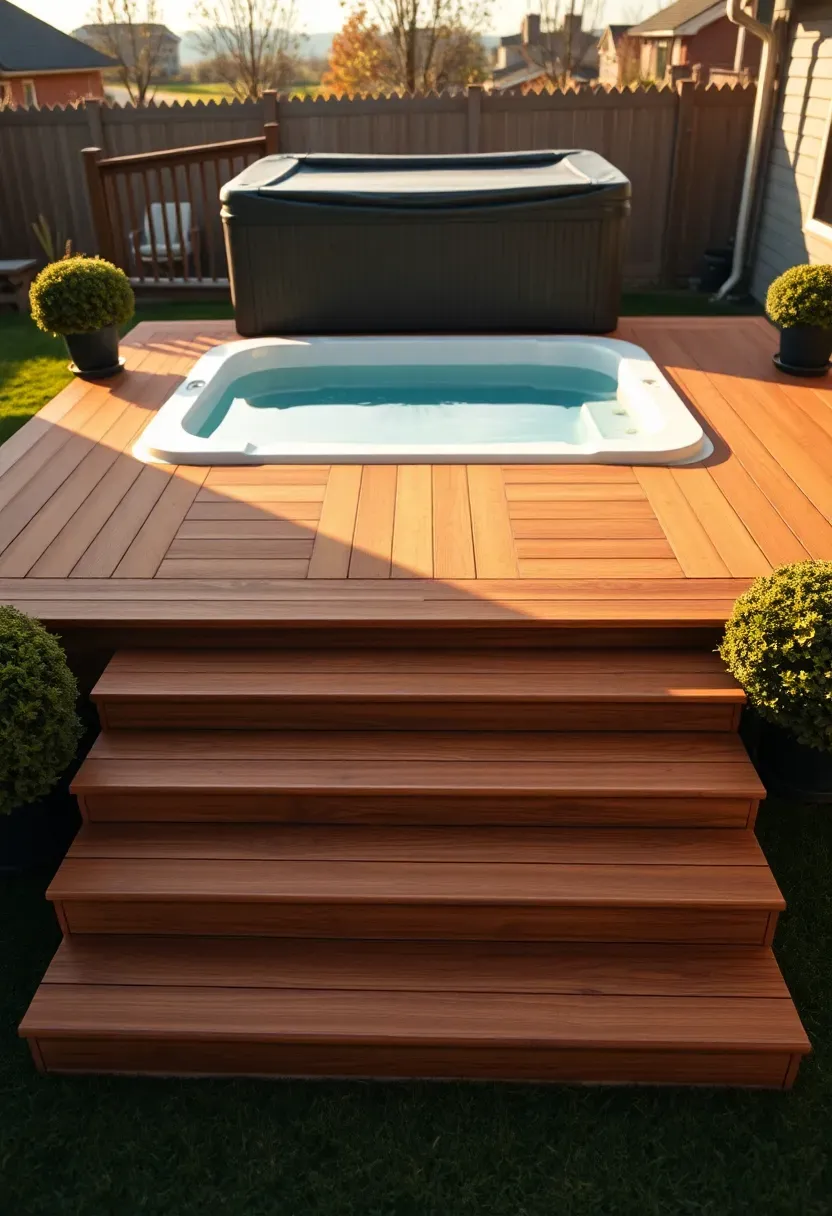 A raised composite deck platform with a flush-mounted hot tub featuring wide deck steps leading up to the spa level