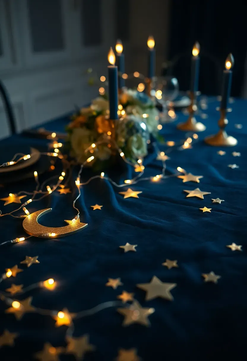 celestial moon and stars baby shower with navy blue backdrop gold crescent moon cutouts twinkling fairy lights and dark blue velvet table runner with star confetti