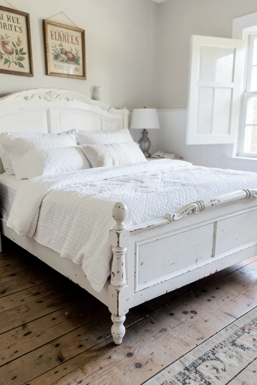 Distressed white wood bed frame with cream linen bedding and rustic wooden nightstand in a farmhouse bedroom