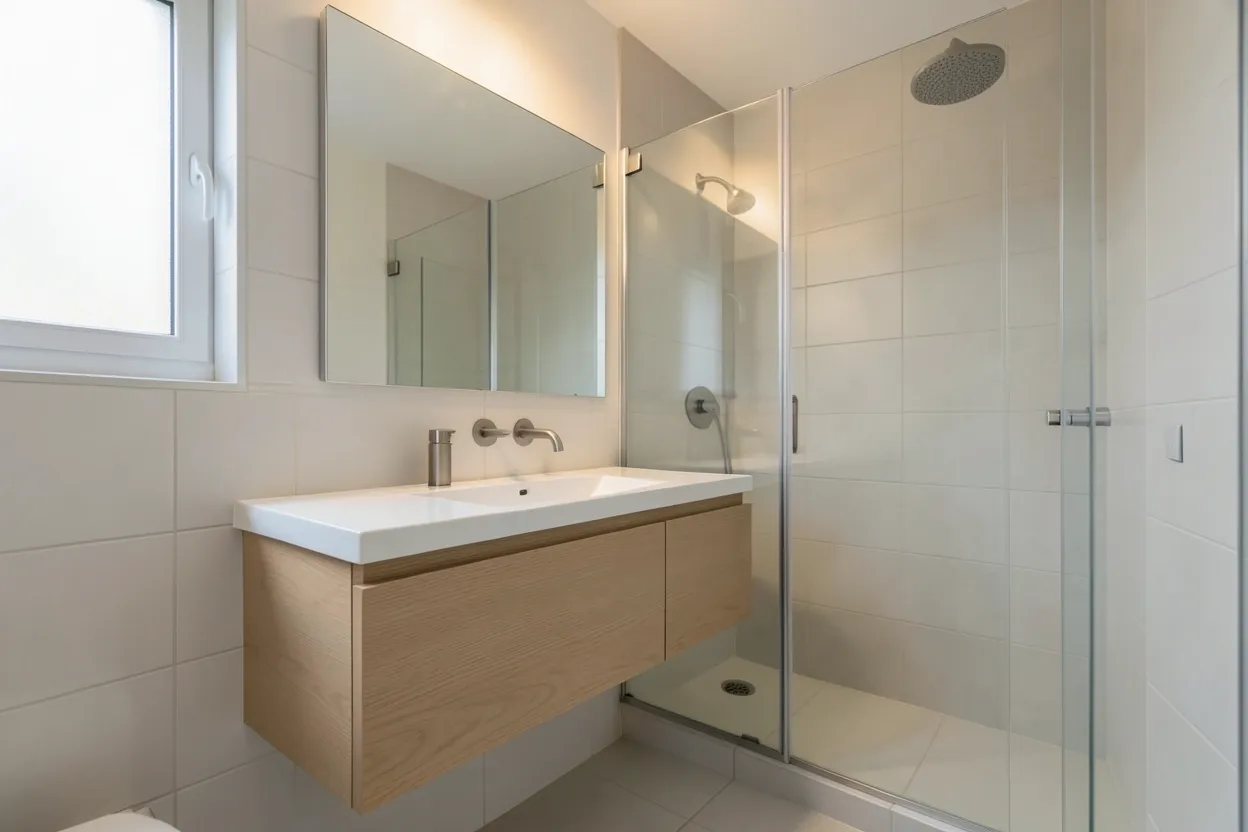 Bright small apartment bathroom with floating white vanity, large mirror, and neutral tile — aesthetic renter-friendly design