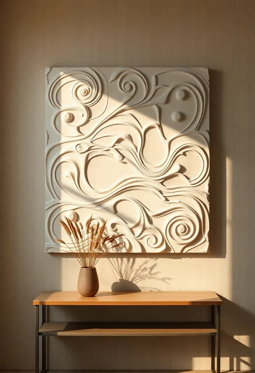 textured plaster art panel with three-dimensional swirl patterns in warm white tones