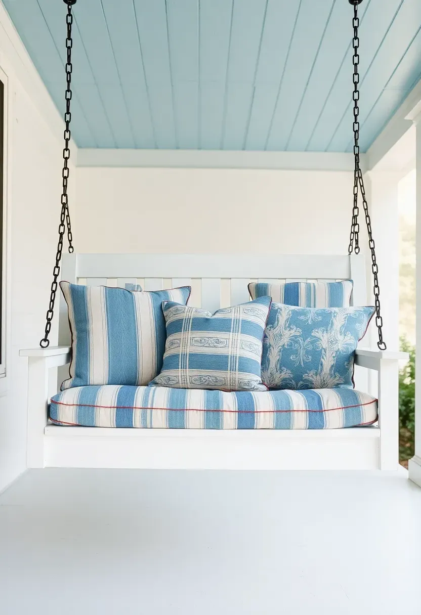 White hanging porch swing with striped cushions and throw pillows under a painted ceiling