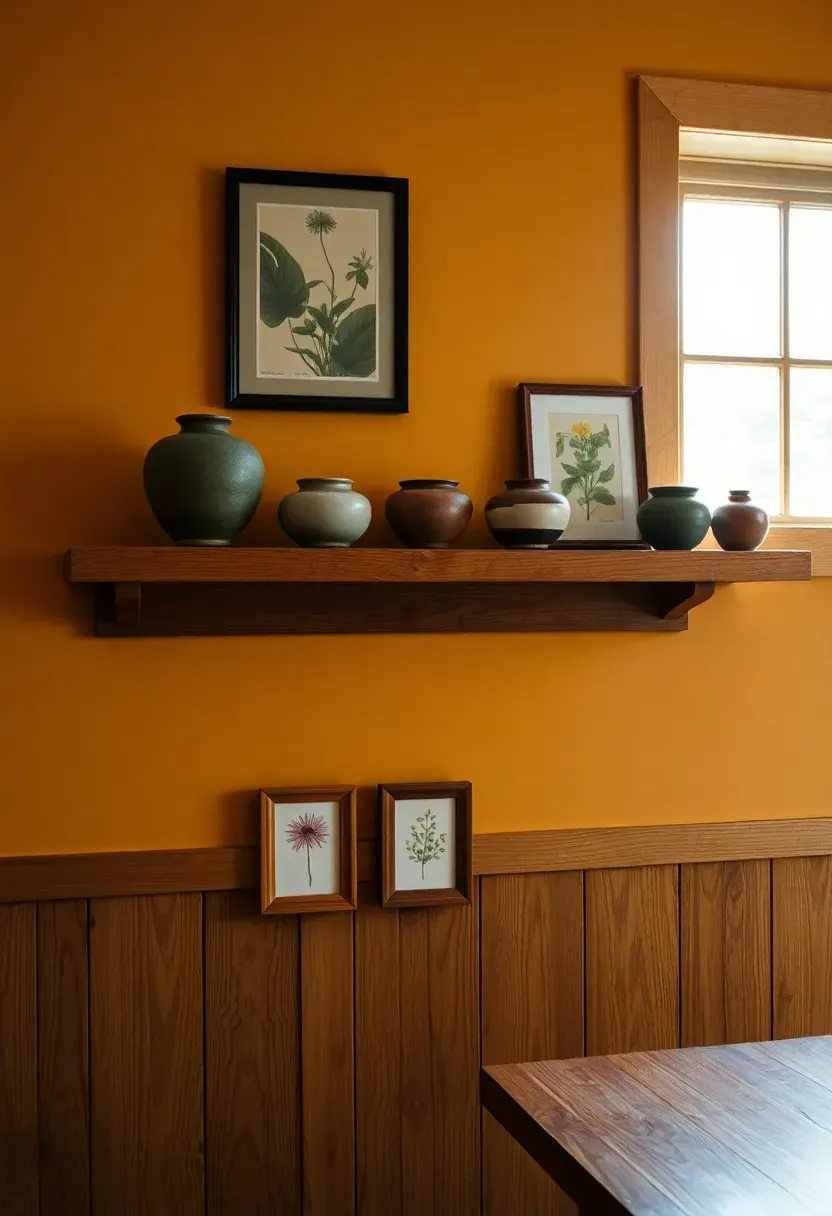Oak plate rail shelf running along a craftsman dining room wall displaying pottery and framed prints