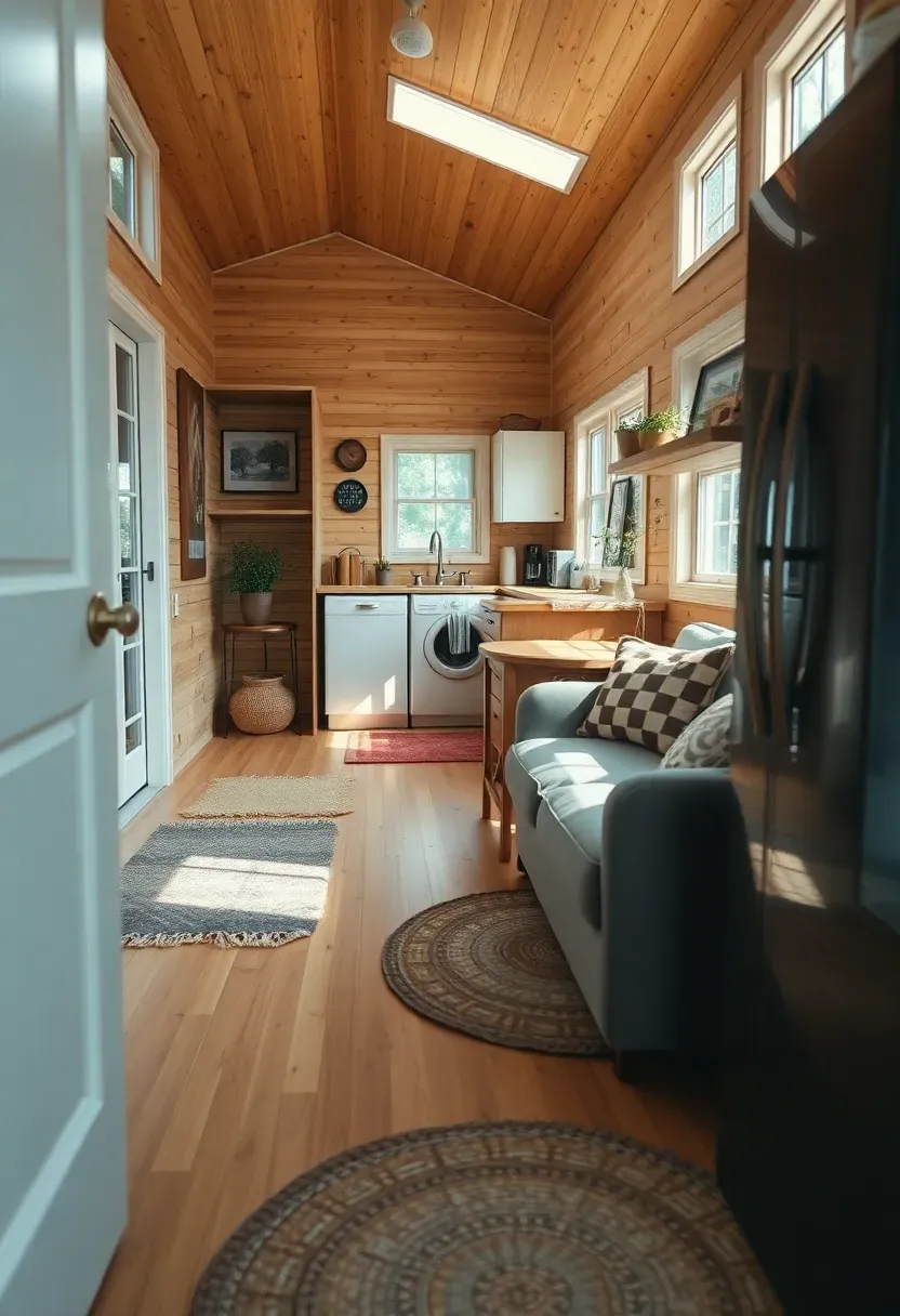 Hyper-realistic 3/4 view of a tiny house interior showing sustainable flooring with bamboo planks, area rugs, and transition to cork flooring in kitchen. Materials: natural bamboo flooring, cork kitchen floor, jute area rugs, light wood walls. Warm natural materials, eco-conscious design. Sustainable interior, healthy living space. Shallow depth of field, furniture visible. No text, no logos.</p>