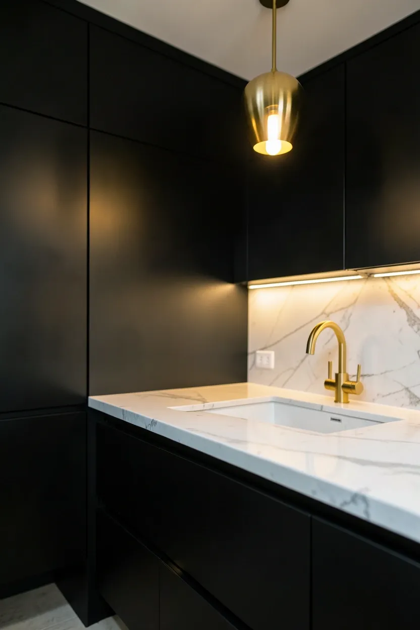 Hyper-realistic eye-level photograph of a modern kitchen with matte black cabinets, gold hardware and faucet, white marble countertops, gold statement light fixture. Warm gold glow reflecting on cabinets. Materials: matte black, brushed gold, Calacatta marble. Glamorous mood. Shallow depth of field, sharp details on gold reflections. No text, no logos, no watermarks.</p>
