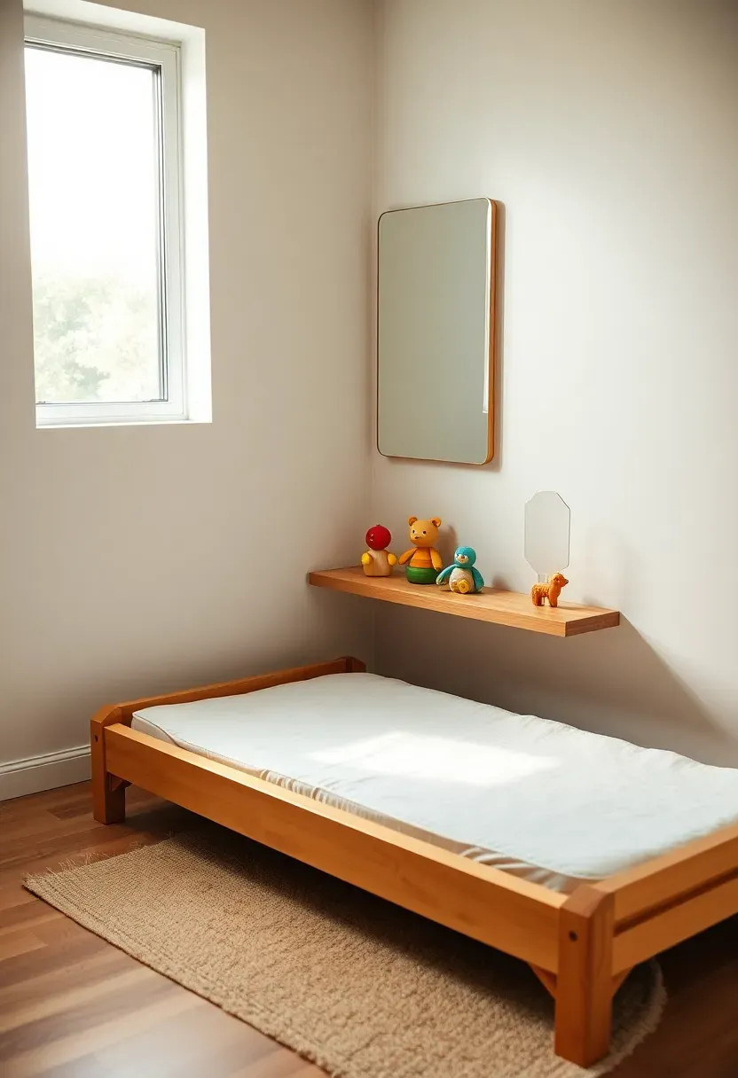 montessori nursery with floor bed low wooden shelf and accessible toys on natural rug