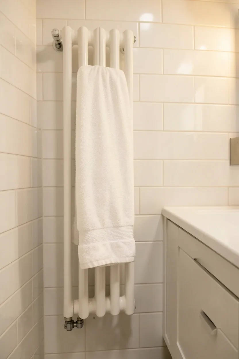 White vertical heated towel rail mounted on bathroom wall with folded towels in a compact modern bathroom