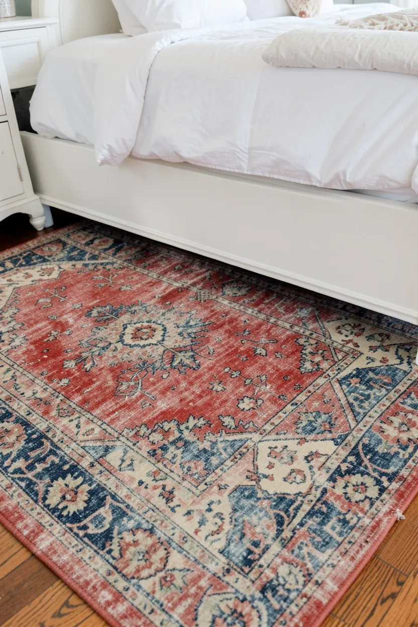 Faded Persian rug in muted red and cream tones under a farmhouse bed on warm wood floors, adding vintage character to the bedroom