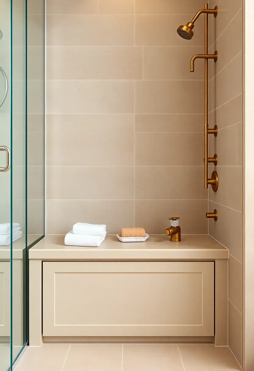 Built-in shower bench with hidden pull-out storage drawer, large-format porcelain tile, and brass hardware