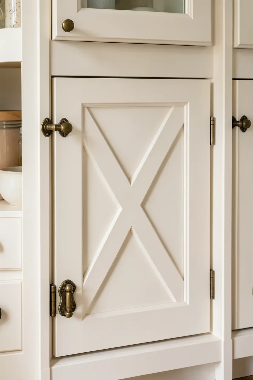Rustic pantry door with X-cross barn wood design in white-painted farmhouse kitchen