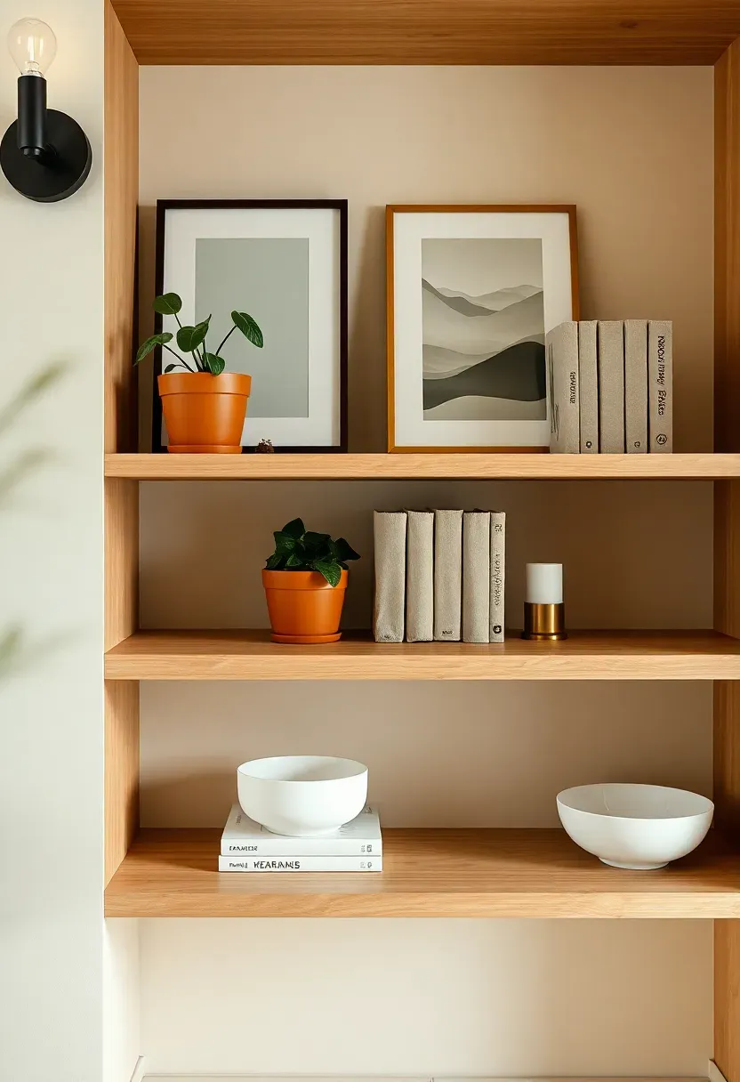 Styled shelf with grouped objects at varied heights, plant, artwork, and textiles in a cohesive palette