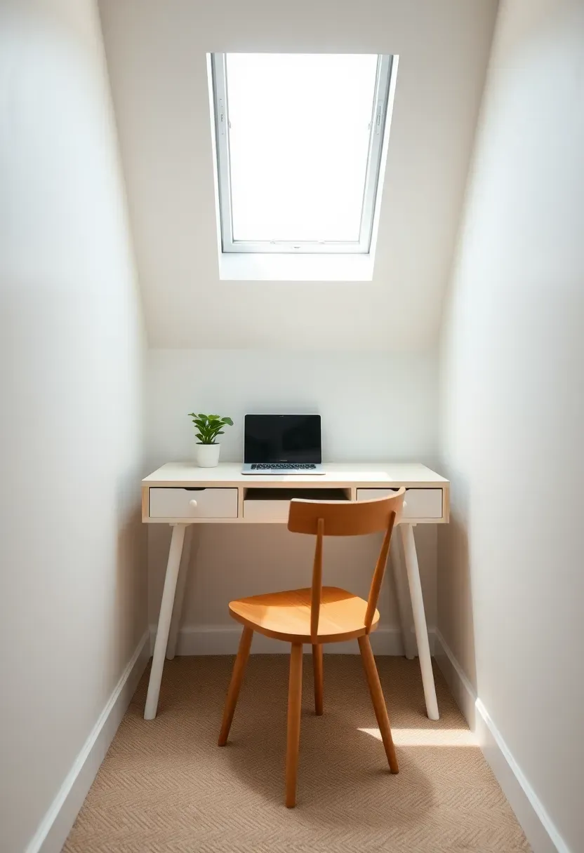 Small basement office with an egress window light well, white walls, and a compact writing desk beneath the window