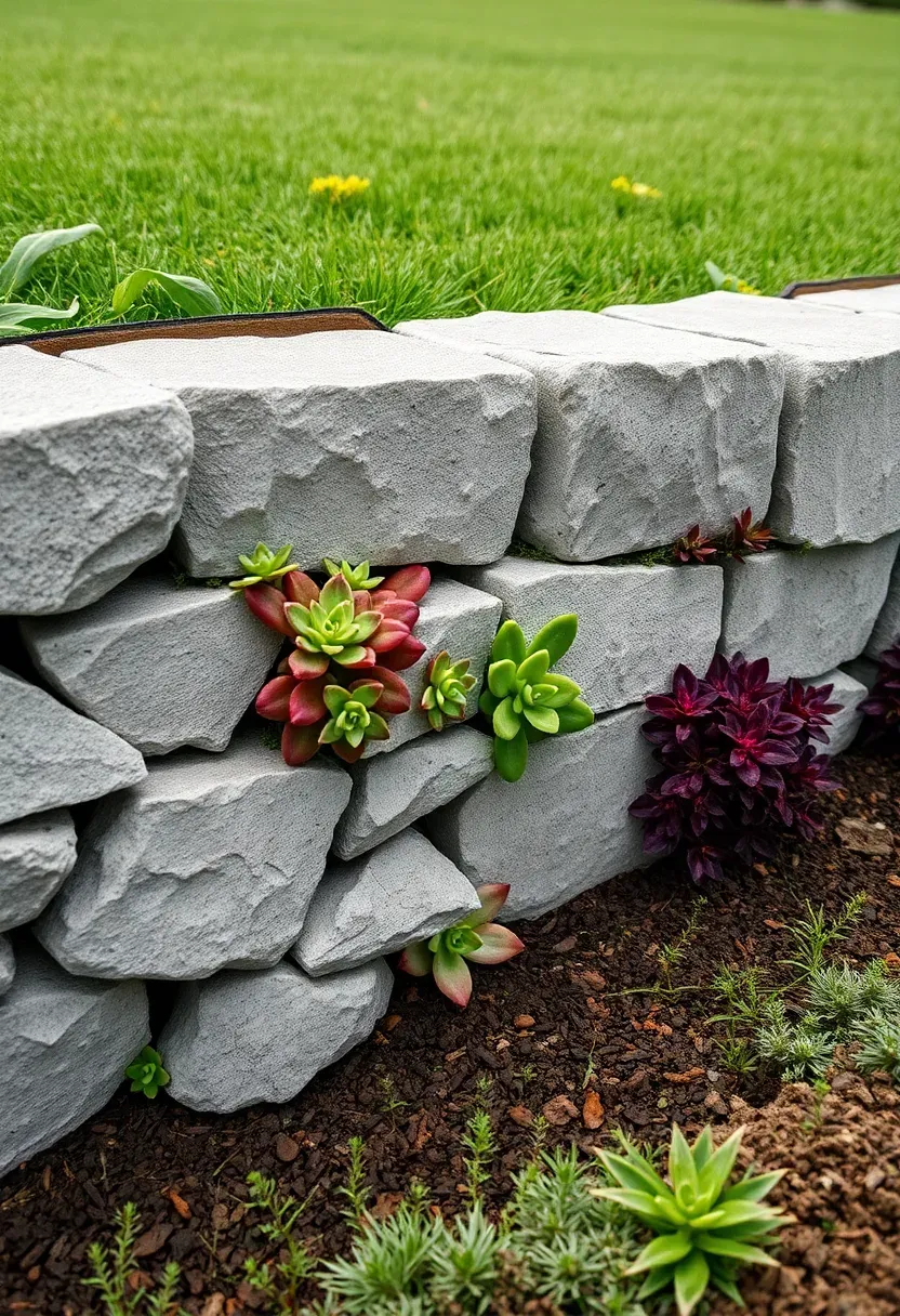 A low garden wall built from broken recycled concrete pieces stacked like natural stone with plants growing in the gaps