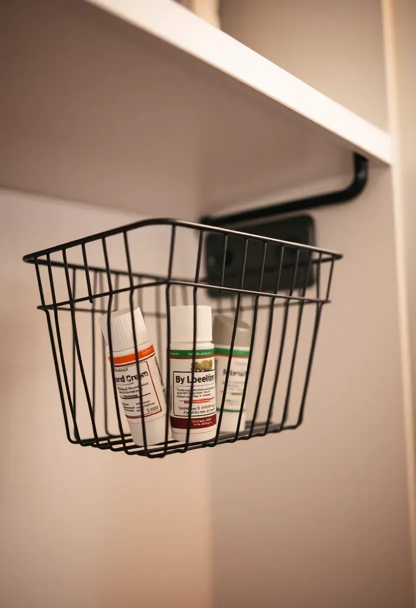 Wire under-shelf hanging basket clipped to a bathroom closet shelf holding small bottles and tubes