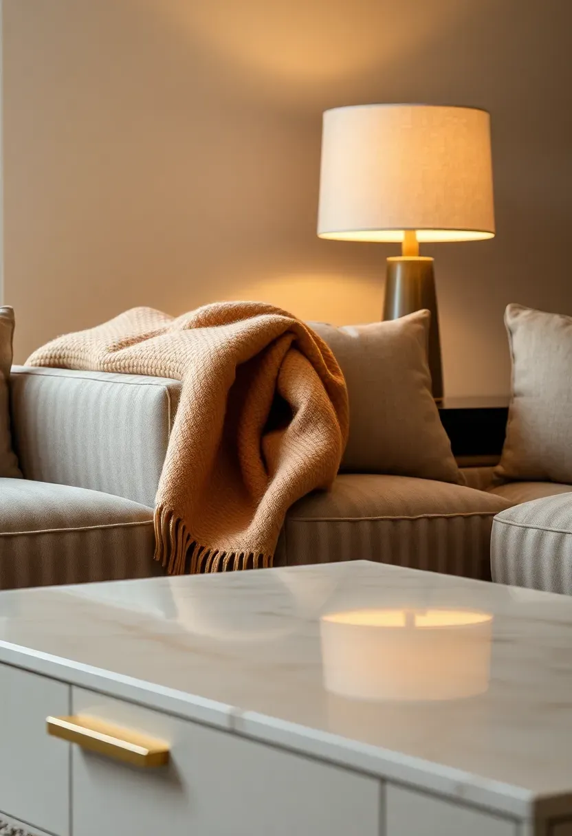 Refined living room with cashmere throw on a bespoke sofa, subtle gold hardware, natural stone coffee table, and soft diffused lighting