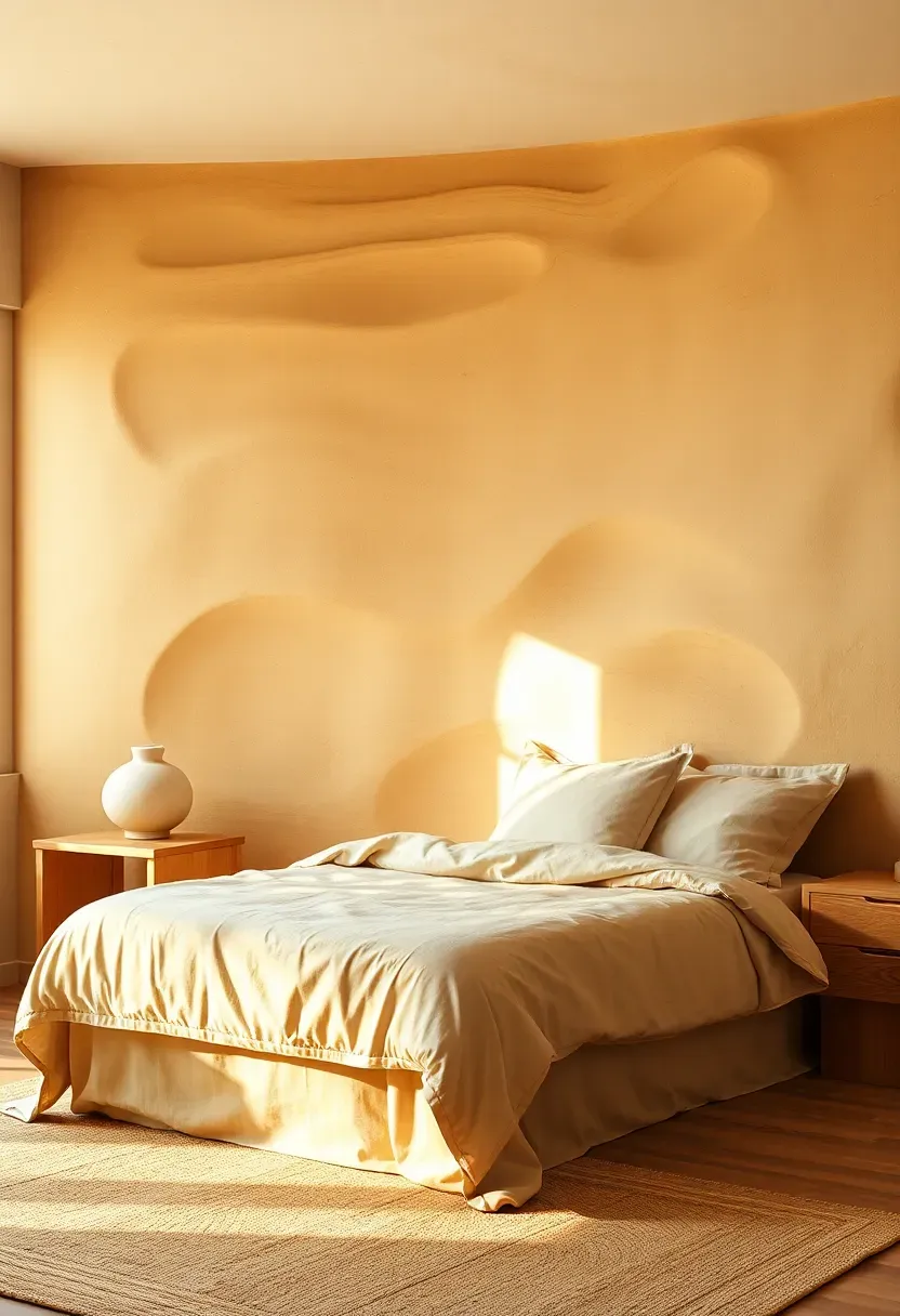 Serene bedroom with a sand dune undulation accent wall in warm beige and golden tones showing smooth flowing dune forms created with sculpted plaster