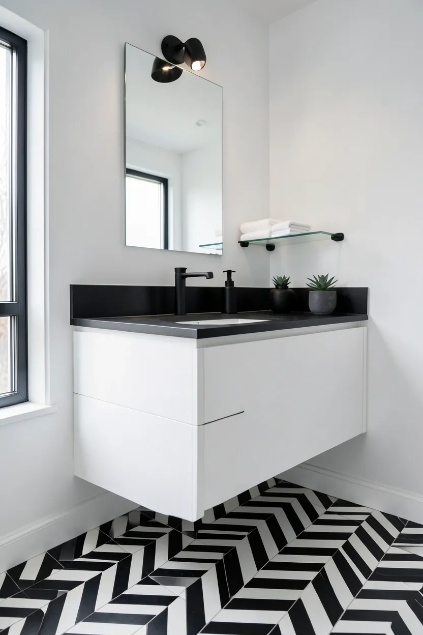 White chevron tile floor with angled pattern and clean white walls — minimalist modern black and white bathroom