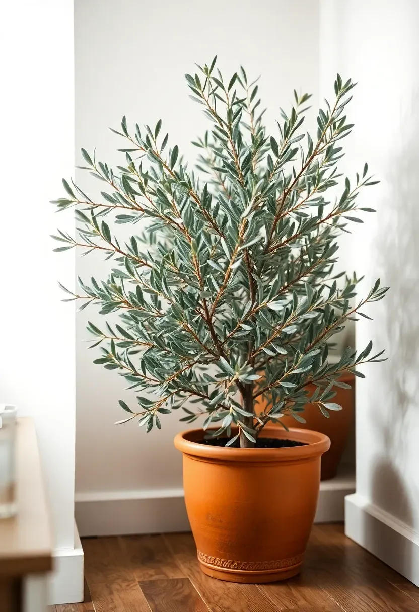 Hyper-realistic 3/4 view of indoor olive tree in terracotta pot in bedroom corner. Materials: terracotta pot, olive tree with silvery-green leaves, wood floor, white walls. Soft diffused light, neutral palette, living plant mood. Sharp focus on leaves and pot texture, visible bed and furniture. No text, no logos, no watermarks.</p>