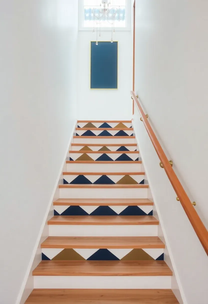 Staircase with white-painted risers featuring bold geometric patterns in navy and gold, contrasting with natural wood treads