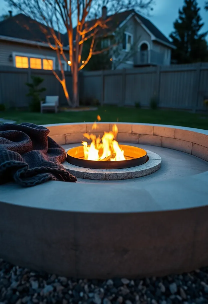 Circular poured concrete fire pit surround with a steel fire ring in the center, built-in concrete seating ledge around the perimeter, and warm flames at dusk